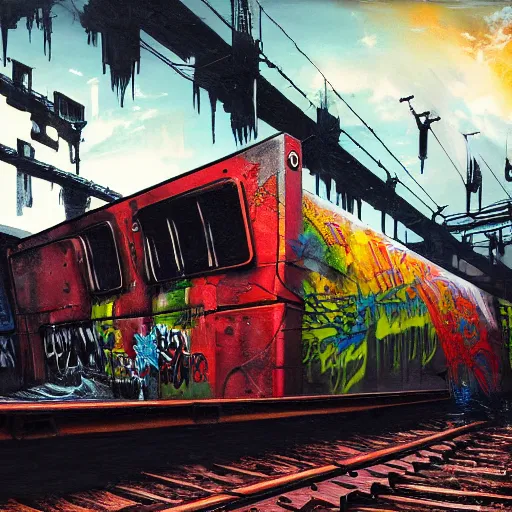 Image similar to a punk painting graffitis on a train wagon full of graffitis in an abandoned train yard at sunset, cyberpunk city, melancholic atmosphere, matte painting, revok, jonone, epic masterpiece, romanticism, cope 2, digital art, ultra detailed, trending on artstation, marc simonetti,