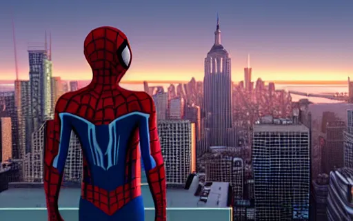 Prompt: spider - man on top of a building in new york watching the sunset, unreal engine 5, render, cg society