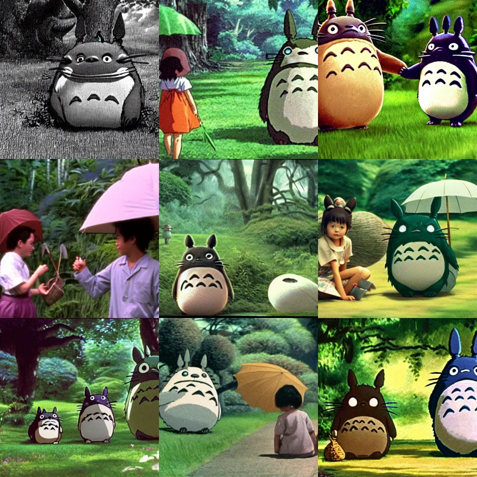 Prompt: photograph from the live action reproduction of My Neighbor Totoro 1959