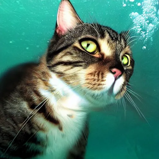 Prompt: high quality underwater photo of a cat scuba diver, wearing norkel mask!!