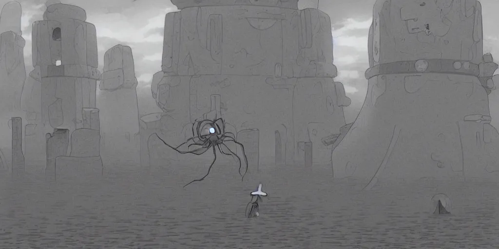 Image similar to a realistic cell - shaded studio ghibli concept art from paprika ( 2 0 0 6 ) of a flying intelligent dull grey mechanical octopus from close encounters of the third kind ( 1 9 7 7 ) in a flooded monument valley stonehenge. very dull colors, wide shot, hd, 4 k, hq