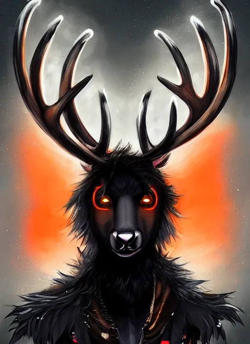 Image similar to award winning beautiful portrait commission of a male furry anthro Black Reindeer fursona with a tail, wings and a cute beautiful attractive detailed furry face wearing stylish black and orange cyberpunk clothes in a cyberpunk city at night while it rains. Character design by charlie bowater, ross tran, artgerm, and makoto shinkai, detailed, inked, western comic book art