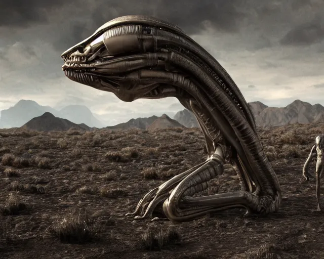 Image similar to film still of alien hunting saul goodman, illustration, unreal engine 5, 8 k, directed by h. r. giger.