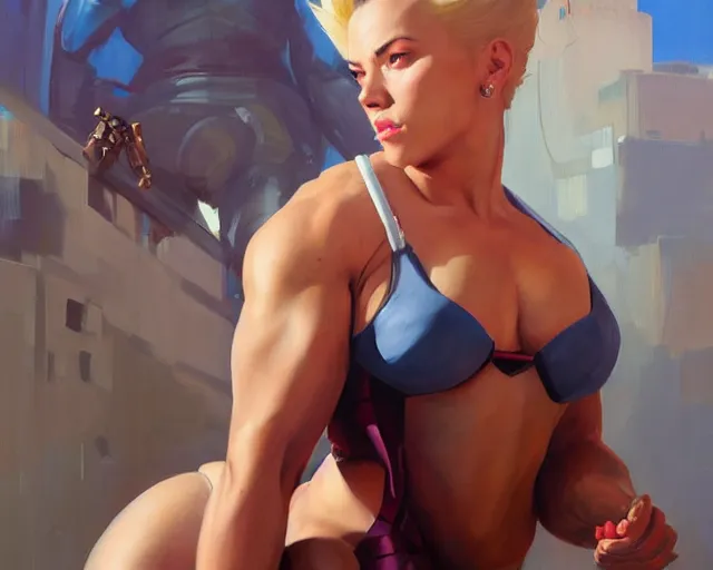 Prompt: greg manchess portrait painting of smug scarlett johansson as beautiful thick female bodybuilder zarya from overwatch, medium shot, asymmetrical, profile picture, organic painting, sunny day, matte painting, bold shapes, hard edges, street art, trending on artstation, by huang guangjian and gil elvgren and sachin teng