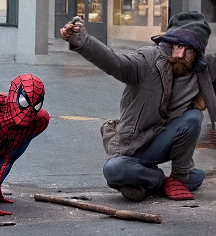 Image similar to cinematic still of spiderman homeless