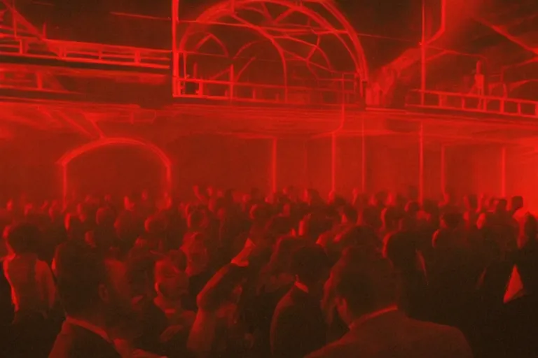 Prompt: a dark conference hall, people cheering at the man on stage, atmospheric and obscure, red neon light, by roger deakins, cinematography, syd mead, dave mckean