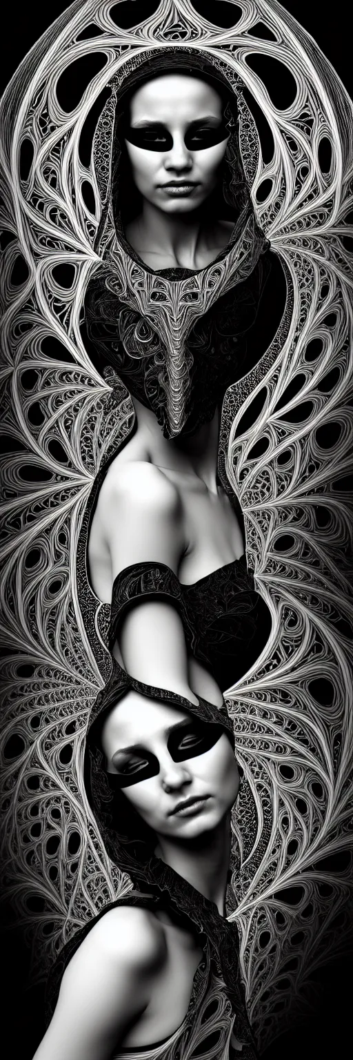 Image similar to portrait of a young beautiful woman with a partially covering mask. fractal, mandelbulb technique. black and white, black on black. intricate, elegant, super highly detailed, professional digital painting, smooth, extreme illustration, Photorealism, HD quality, 8k resolution, 3D, beautiful, cinematic, art. art deco, art nouveau.