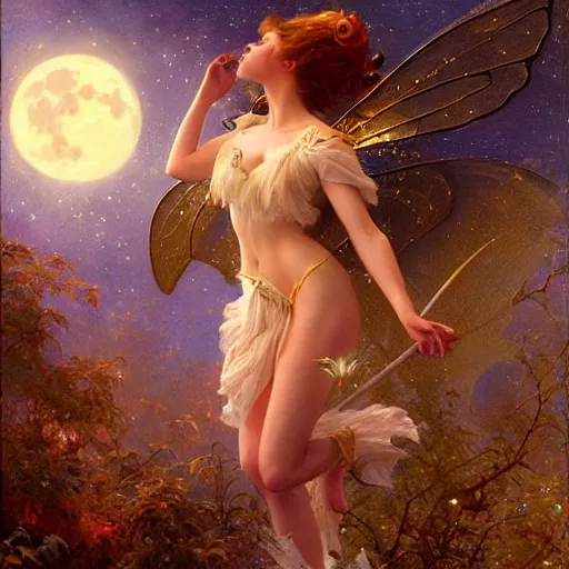 Image similar to attractive fairy magically floating high in the night, fantasy, full moon in background. highly detailed painting by gaston bussiere, craig mullins, j. c. leyendecker, mid shot, 8 k realistic, cryengine, frostbite 3 engine, sharp focus