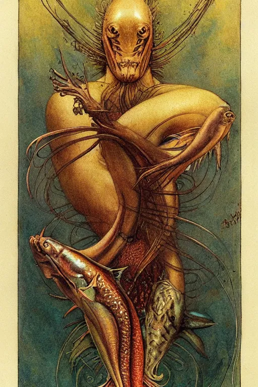 Image similar to a happy fish in the style of and by wayne barlowe, gustav moreau, goward,  Gaston Bussiere and roberto ferri, santiago caruso, and austin osman spare