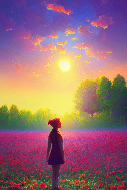 Image similar to flower growing out of girl body, standing in a flower field, big trees, sunrise dramatic light, impressionist painting, colorful clouds, digital painting, pointillism, artstation, simon stalenhag