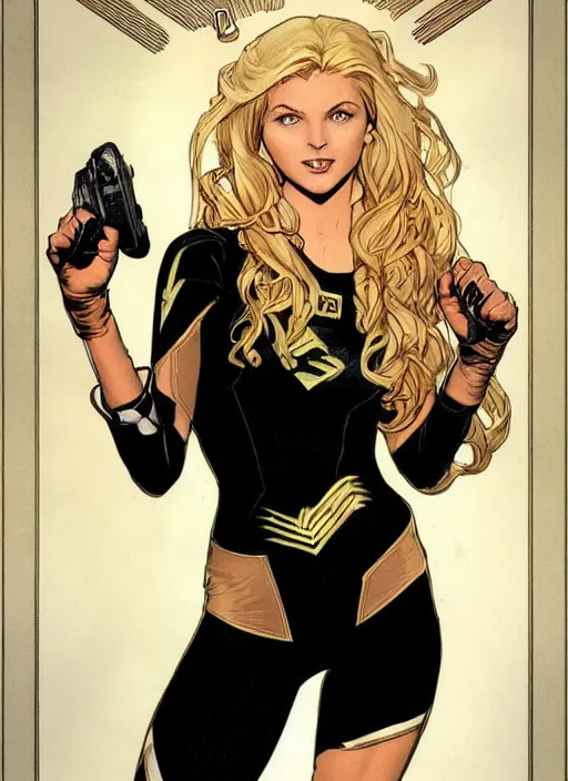 Prompt: slim young april with a mischievous face and long blonde wavy hair dressed as a superhero in her early twenties, her arms are tucked behind her back, black canary, tight fit, curvaceous, leotard, intricate detailed face, high contrast, shiny, art by joshua middleton and greg rutkowski and alphonse mucha