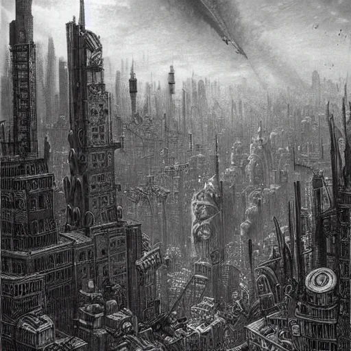 Prompt: dieselpunk city drawn by gustave dore