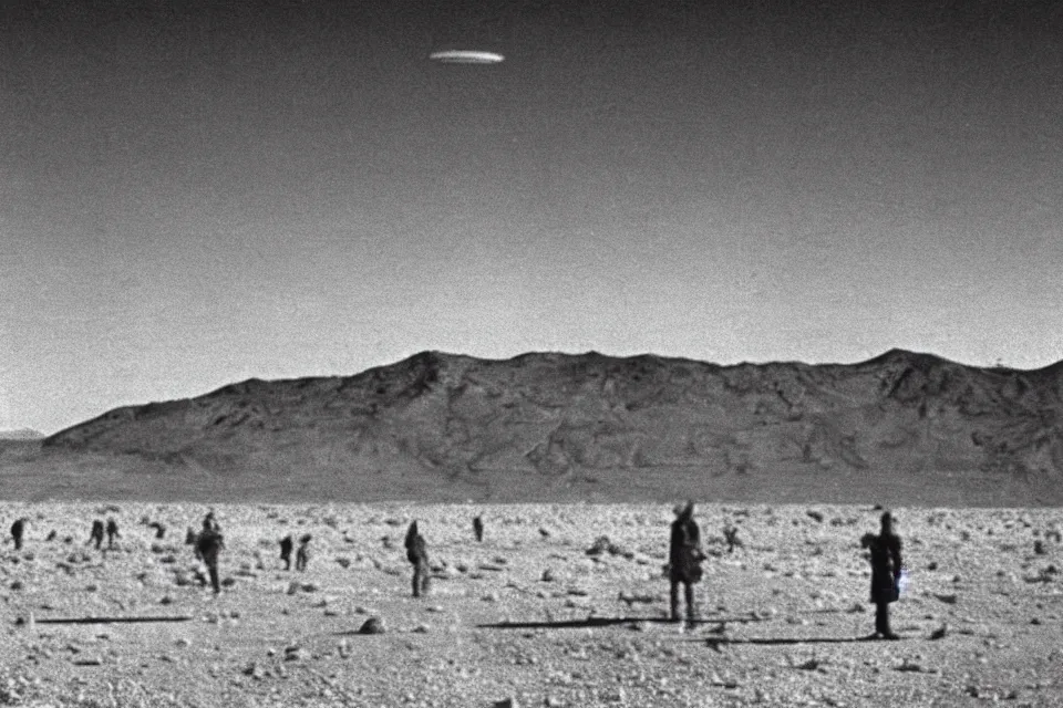 Image similar to 1940 grainy photograph of a Close Encounters of the Third Kind, desert , alien visitors.UFO.