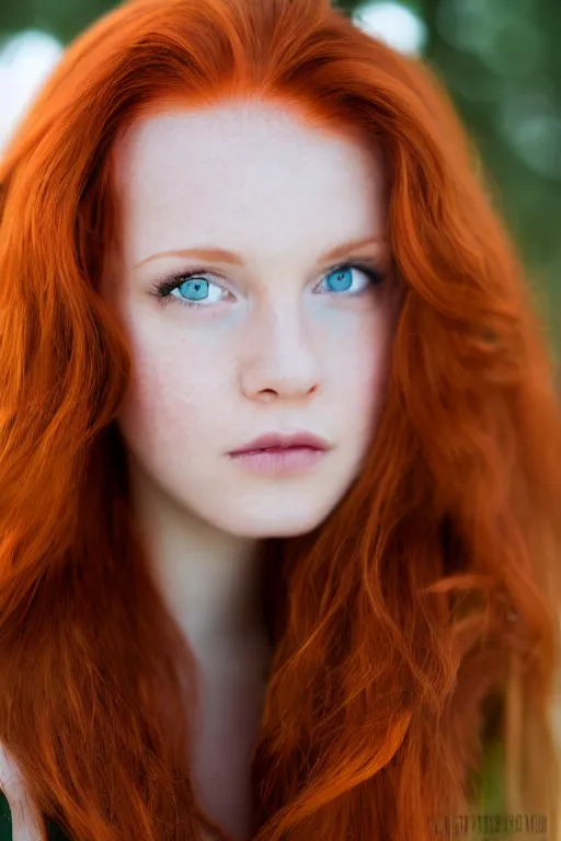 Prompt: a portrait of a redhead beautiful girl, green eyes, highly detailed, 3 5 mm f 1. 4 background silver fir