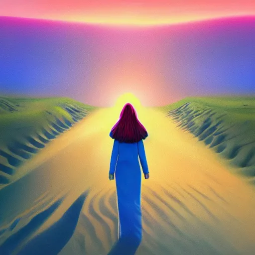 Prompt: closeup gigantic dahlia flower under head, a girl walking between dunes, surreal photography, sunrise, blue sky, dramatic light, impressionist painting, digital painting, artstation, simon stalenhag