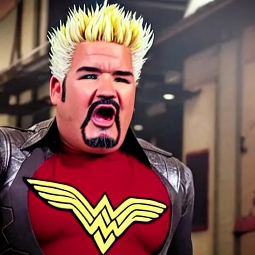 Image similar to Cinematic movie still of Guy Fieri cosplaying as Wonder Woman but it\'s actually Guy Fieri