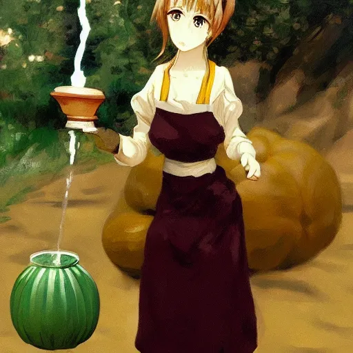 Prompt: anime girl pouring water from a gourd in the style of john singer sargent