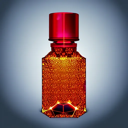 Image similar to The legendary Blood-Red Sparkling health potion in a hexagonal bottle fuming from its opening, golden lace pattern, photorealistic render