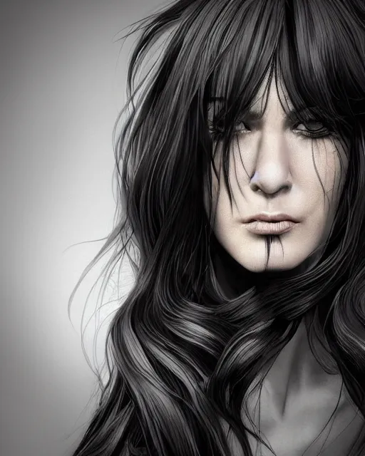 Image similar to portrait of a tall 4 0 - year - old woman with thin lips, heavy - lidded eyes, a strong jaw and long, thick shining black hair, thick eyebrows and long eyelashes, wearing in black clothes, hyper realistic face, beautiful eyes, character art, art by mark brooks, hyperdetailed, cryengine, trending on artstation, digital art