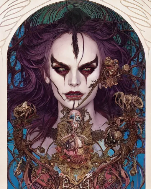 Prompt: perfectly centered portrait front view of a angry dead rotten beautiful female corpse growing ornamentation all around, ornate, ornaments, detailed, symmetrical, elegant, beautifully soft lit, by wayne barlowe, peter mohrbacher, kelly mckernan, alphonse mucha