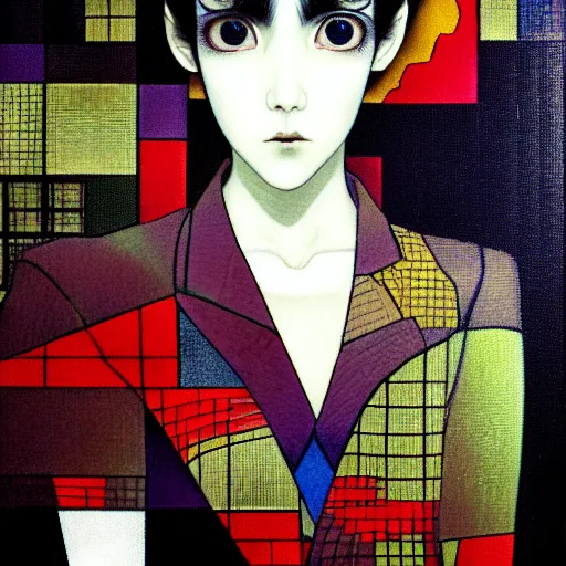 Image similar to yoshitaka amano blurred and dreamy realistic three quarter angle portrait of a young woman with short hair and black eyes wearing office suit with tie, junji ito abstract patterns in the background, satoshi kon anime, noisy film grain effect, highly detailed, renaissance oil painting, weird portrait angle, blurred lost edges