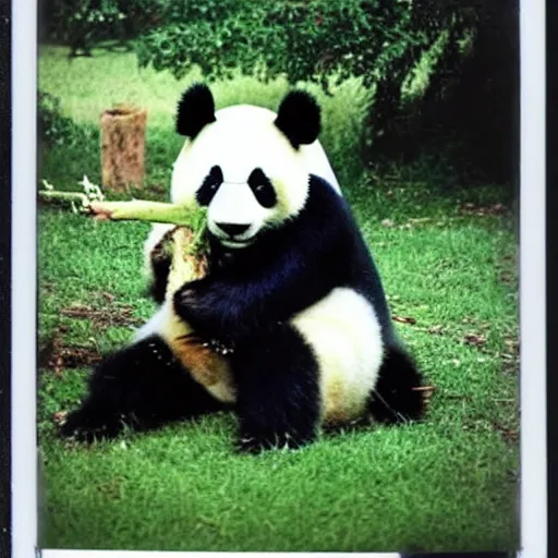 Prompt: polaroid photo of A panda scaring childrens, award winning