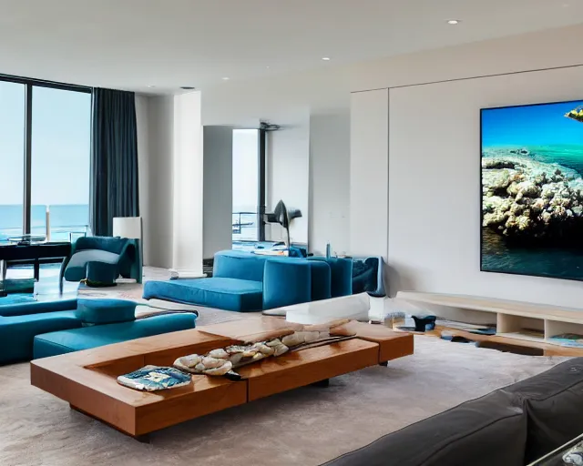 Image similar to A modern living room inspired by the ocean, a luxurious wooden coffee table with large seashells on it, 100 inch television playing drake and josh, amazing detail, 8k resolution, blue color, calm, relaxed style, harmony, wide angle shot