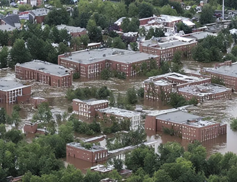 Prompt: the campus of dalhousie university in ruins, and flooded