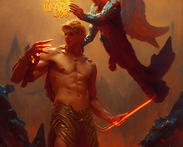 Image similar to attractive male deity, casting demonic magic, summoning handsome lucifer morning star. highly detailed painting by gaston bussiere, craig mullins, j. c. leyendecker 8 k