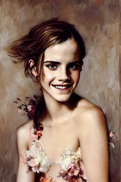 Image similar to emma watson smiling laughing alexander mcqueen gathered faille v - neck mini dress smiling detailed portrait painting by gaston bussiere craig mullins j. c. leyendecker photograph by richard avedon peter lindbergh