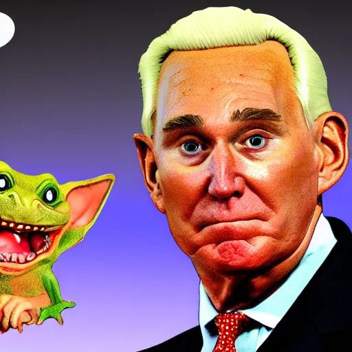 Image similar to an illustration of roger stone as a gremlin