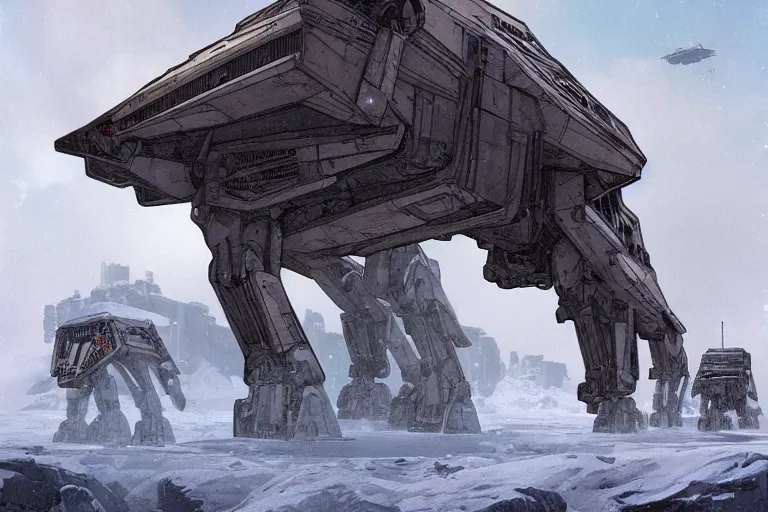 Image similar to comic book illustration, star wars AT-AT on hoth, cyberpunk concept art by artgerm and Alphonse Mucha and Moebius, highly detailed, intricate, sci-fi, sharp focus, Trending on Artstation HQ, deviantart