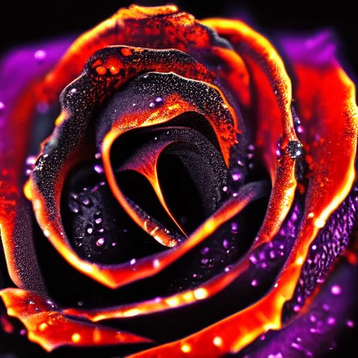 Image similar to award - winning macro of a beautiful black rose made of glowing molten magma