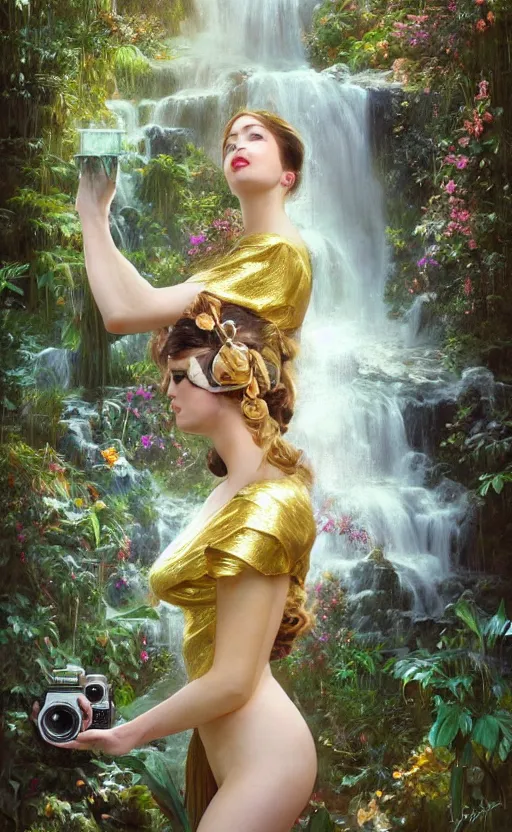 Image similar to hyper realistic photographer looking through a vintage medium format camera, taking pictures, magic pouring from lens, fantasy castle, full body waterfall water dress, design on white background, beautiful details, lush foliage cyberpunk, gold, drawn by john singer sargent, tom bagshaw, norman rockwell, alphonso mucha, lolish, trending on artstation