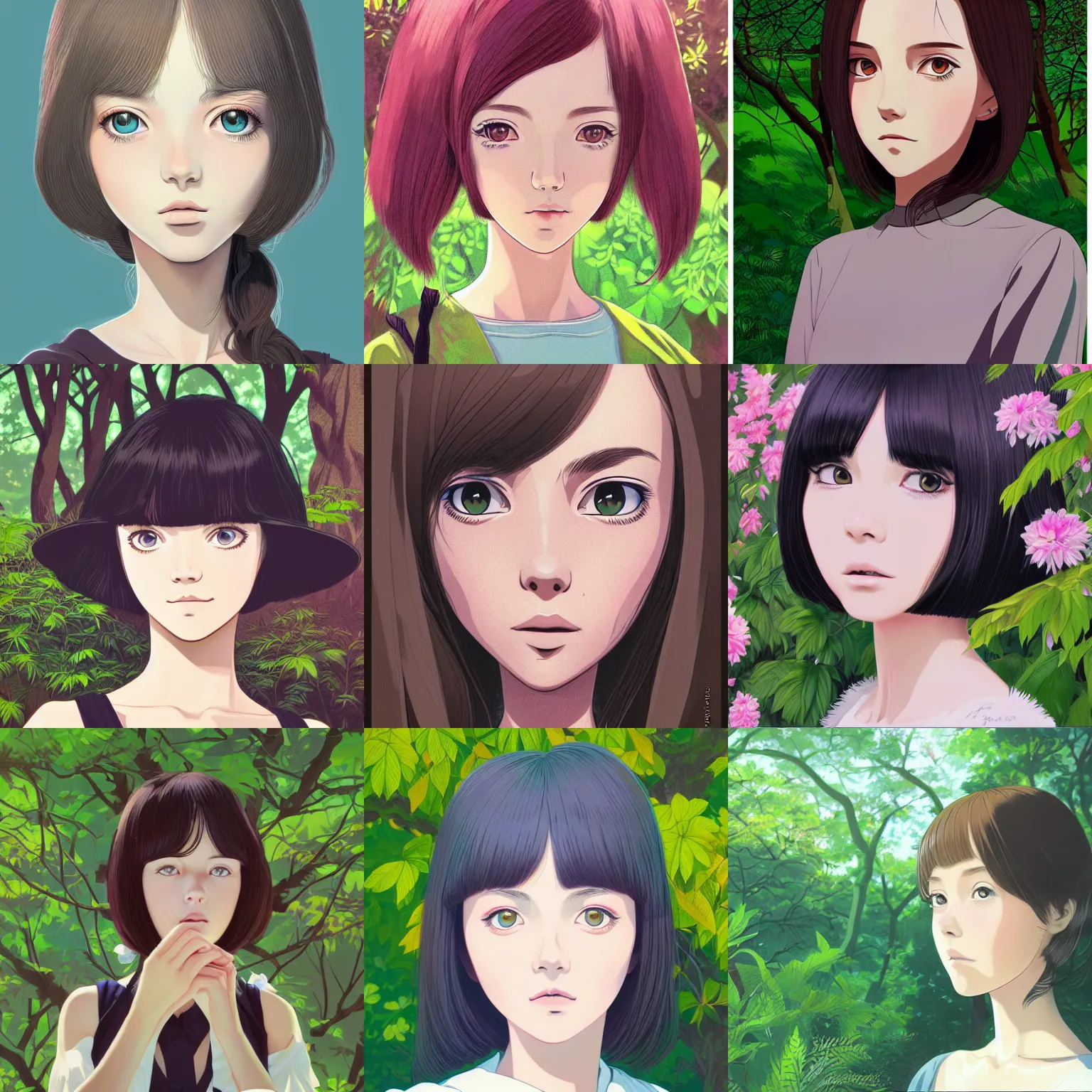 Prompt: Character portrait of a young woman in a lush park, beautiful face, large eyes, highly detailed, cel shading, Studio Ghibli still, by Ilya Kuvshinov