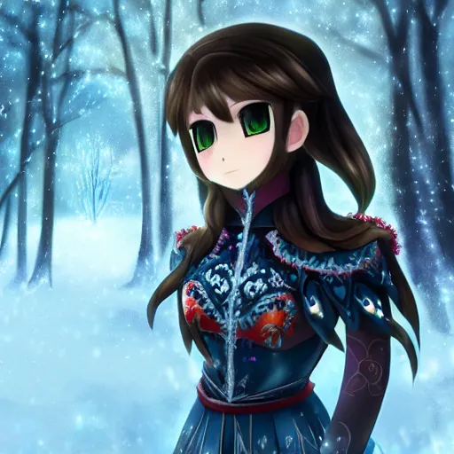 Prompt: portrait focus of knight beautiful 3D anime girl, frozen armor wearing, dark forest background, snowing, bokeh, inspired by Masami Kurumada, digital painting, high contrast, unreal engine render, volumetric lighting, high détail