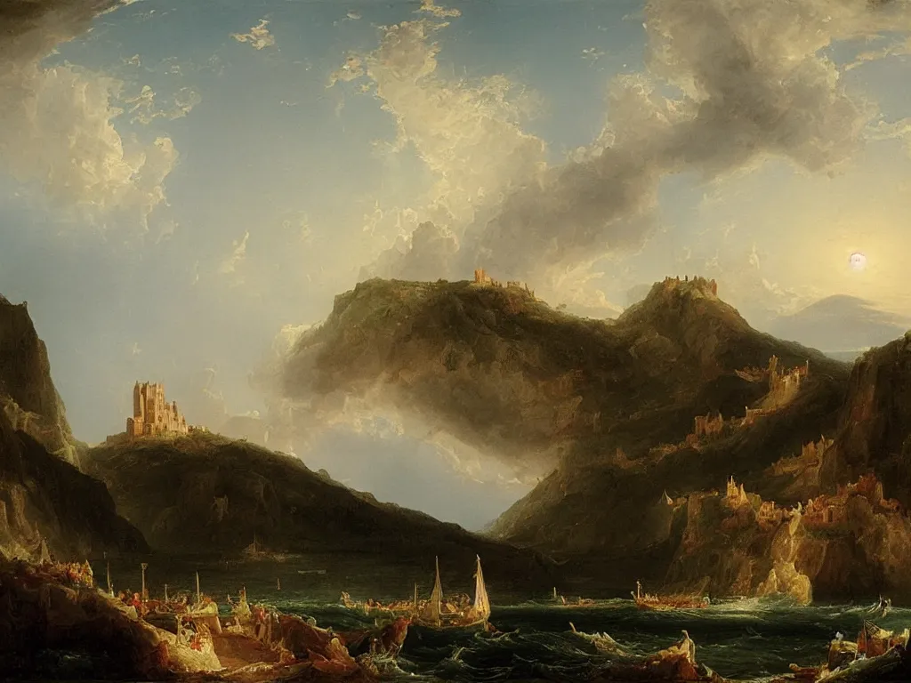 Image similar to a landscape painting of a castle on the ship, by Thomas Cole