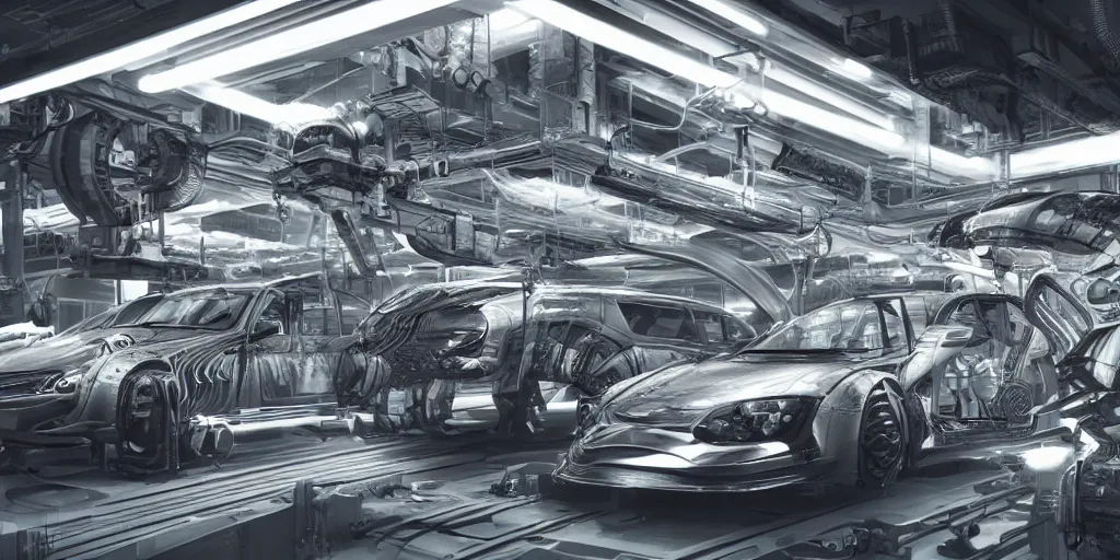 Image similar to 3 d concept art, carbon fiber automobile production line of hydrogen power energy, science fiction, beautiful, cinematic lighting, intricate details, octane rendering, trending on artstation, featured on behance.