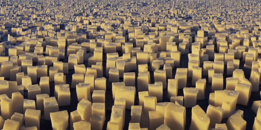 Prompt: a city made of melting cheese, wide angle