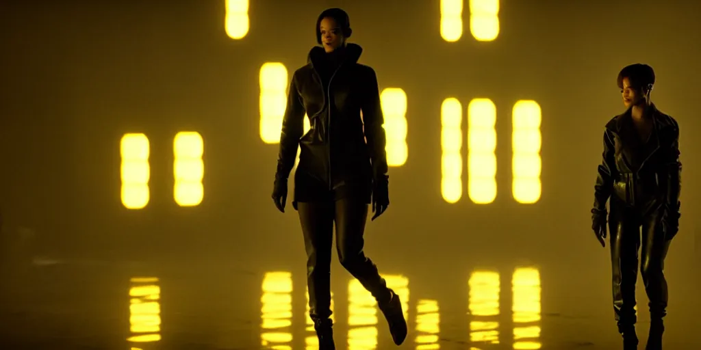 Image similar to film still of rihanna in blade runner 2 0 4 9, wearing clothes, cinematic, moody, gritty neon noir