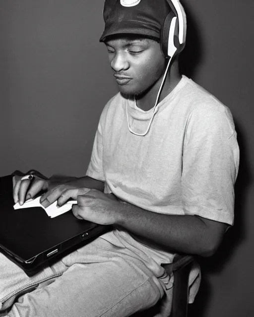 Image similar to a photo of a young man with a cigar on the mouth writing on the laptop while sitting on a chair, he has headphones and a red cap, wears a watch,