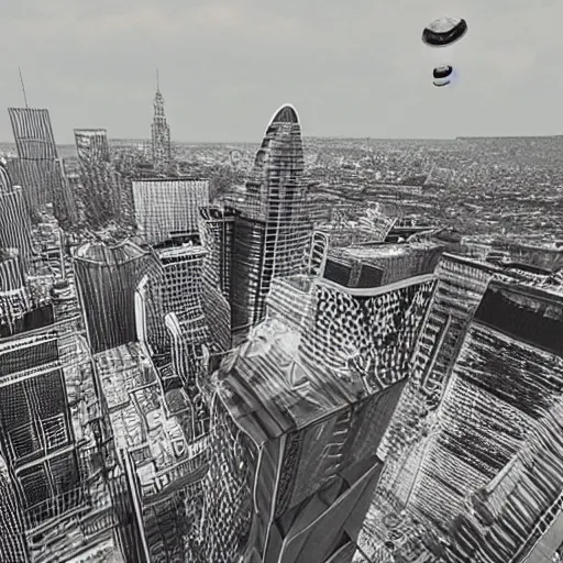 Image similar to big eye flies above the city, photorealistic