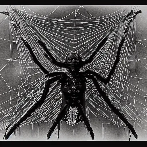 Image similar to 1860 photo of an ancient fractal spider-woman-demon on an abandoned factory on the middle of a forest, spooky , spider webs, devouring the human soul, veins, arteries, intricate, golden ratio, full frame, microscopic, elegant, highly detailed, ornate, ornament, sculpture, elegant , luxury, beautifully lit, ray trace, 3d, PBR