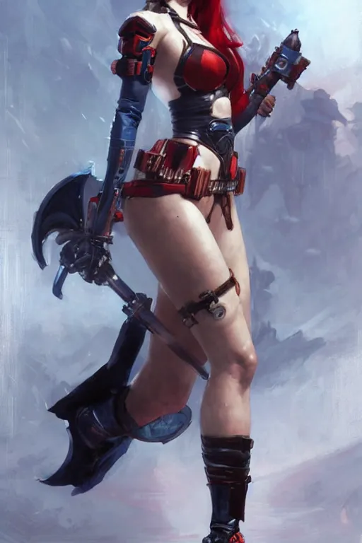 Image similar to Harley Quinn in bikini armor, dc comics, cyberpunk, Warhammer 40000, digital art from artstation by Ruan Jia and Mandy Jurgens and Artgerm and william-adolphe bouguereau