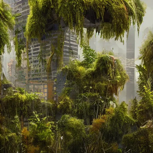 Prompt: overgrown foliage overtaking tall destroyed buildings, biopunk, scenery, professional, award - winning, trending on artstation, detailed, realistic, beautiful, emotional, shiny, golden, picture, antview, close - up