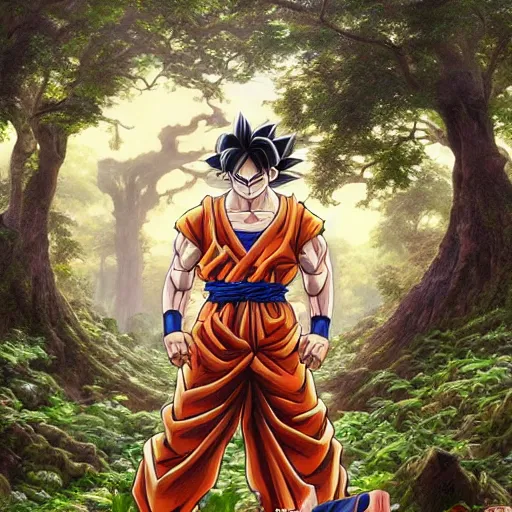 Image similar to intricate detailed portrait painting of goku on a beautiful forest meadow, temple ruins surrounded by lush forest, afternoon, intricate, elegant, highly detailed, digital painting, sharp, focus, illustration art by artgerm and greg rutkowski and alphonse mucha