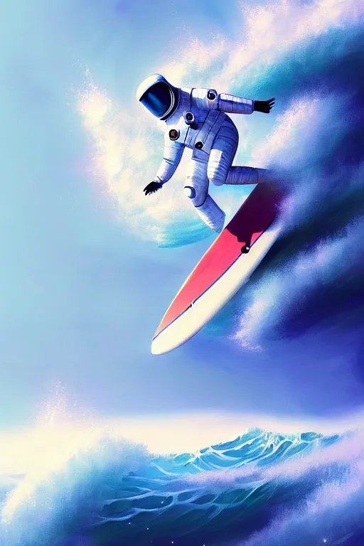 Image similar to a beautiful digital painting of an astronaut in a white space suit surfing the great wave on a surfboard by greg rutkowski, photorealistic, trending on artstation, octane render