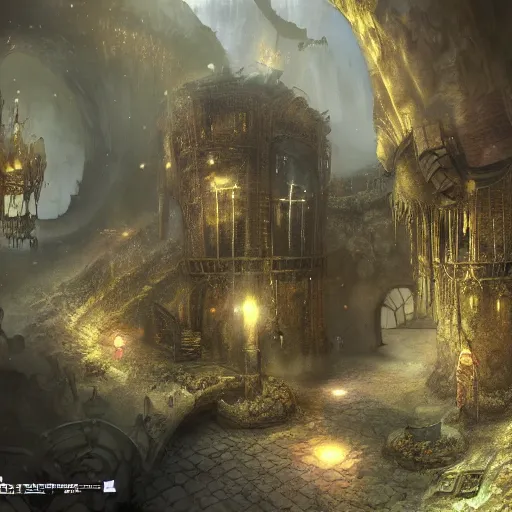 Image similar to a fantasy steampunk city hidden inside a cave, with no text, deep colour\'s, realistic, hyperrealistic, concept art, stylized, unreal engine 5, trending on art station, W 1024