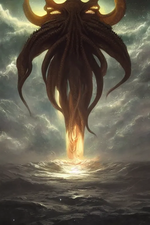 Prompt: cthulhu in space looking at earth, larger than earth, huge, towering, gigantic, high octane, 8 k, digital art, magic the gathering, mtg, by greg rutkowski, trending on artstation