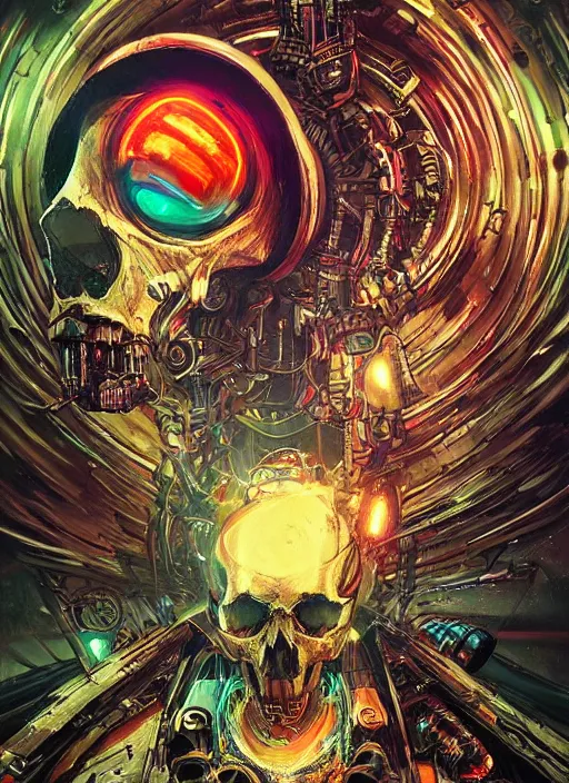 Image similar to a futuristic skull with glowing eyes and a wormhole tunnel cyberpunk art by android jones, featured on artstation, darksynth, synthwave